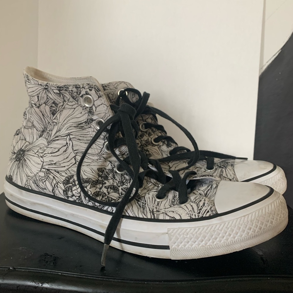 UNIQUE Black and White Floral Print Converse High Top Sneakers!